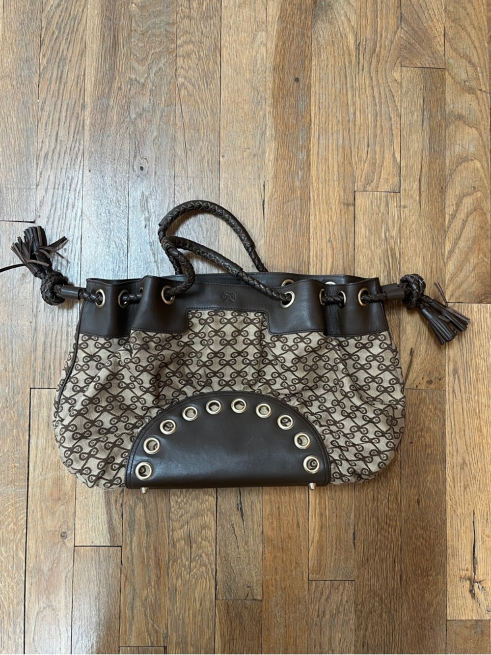 Anya Hindmarch Brown Patterned Drawstring Tote with Eyelet Detail